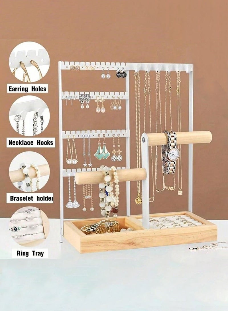 Homestetic Jewelry Organizer Stand Earring Holder Necklace Organizer, 5 Tier Jewellery Stands 48 Holes, Bracelet Stand & Watch Holder with Wooden Tray, Gift for Women Eid Wedding - Image 2